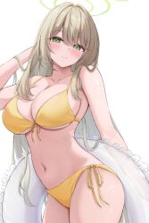 1girl 7nopi absurdres bikini blonde_hair blue_archive breasts cleavage closed_mouth commentary_request cowboy_shot front-tie_bikini_top front-tie_top green_eyes green_halo halo halterneck hand_up highres holding holding_swim_ring large_breasts long_hair looking_at_viewer navel nonomi_(blue_archive) nonomi_(swimsuit)_(blue_archive) official_alternate_costume side-tie_bikini_bottom simple_background smile solo standing stomach string_bikini swim_ring swimsuit very_long_hair white_background yellow_bikini