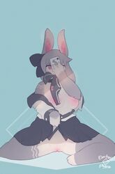 2019 anthro blush bottomwear breasts clitoral_hood clothing_lift countershading electrycpynk exhibitionism female furry grey_hair hair_ribbon hairbow highres holding_panties kneeling lagomorph leg_markings leporid mammal markings mirror_selfie pink_eyes pussy rabbit ribbons school_uniform selfie shirt_down signature simple_background skirt skirt_lift solo spread_legs spreading uniform white_countershading