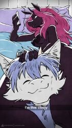 absurd_res anthro bed breasts cellphone changeling_(mlp) cloud_prism dragon duo electronics equid equine friendship_is_magic fur furniture furred_dragon furred_scalie gynomorph hair hand_on_head hasbro hi_res holding_object holding_phone horn horse i'm_this_clingy intersex intersex/male looking_at_object looking_at_phone lying male mammal meme my_little_pony mythological_creature mythological_equine mythological_scalie mythology nipples on_bed phone pony prisma_faerdo prismanoodle scalie selfie simple_background smartphone smile