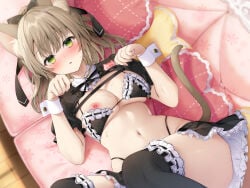 1girl :o animal_ears bikini black_bikini black_panties black_skirt black_thighhighs breasts brown_hair cat_ears couch eyelashes fangs frilled_skirt frilled_thighhighs frills green_eyes hair_between_eyes hair_ribbon hands_up highleg highleg_panties highres large_breasts long_hair looking_at_viewer lying maid maid_bikini miniskirt navel navy_(navy.blue) neck_ribbon nipples on_back on_couch open_mouth original panties paw_pose ponytail puffy_short_sleeves puffy_sleeves ribbon short_sleeves shrug_(clothing) sidelocks skindentation skirt solo stomach string_bikini string_panties sweat swimsuit thighhighs unconventional_maid underwear wing_collar wrist_cuffs