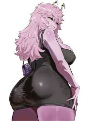 1girl ashido_mina ashido_mina_time-skip ass bag bare_shoulders black_dress black_sclera boku_no_hero_academia breasts colored_sclera colored_skin commentary curvy dress from_behind from_below grin handbag highres holding holding_bag horns huge_ass large_breasts long_hair looking_at_viewer looking_back messy_hair mina_ashido mina_ashido_time-skip my_hero_academia pink_hair pink_skin short_dress simple_background skindentation sleeveless sleeveless_dress smile solo thick_thighs thighs tight_clothes white_background wide_hips yellow_eyes