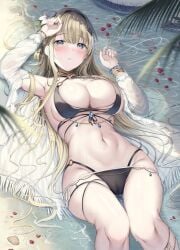 1girl armpits bikini black_bikini blue_eyes blush bracelet breasts brown_hair cameltoe cleavage flower hair_between_eyes hair_flower hair_ornament hairband jewelry large_breasts long_hair looking_at_viewer lying navel o-ring o-ring_bikini on_back open_mouth original petals solo stomach sweater swimsuit tomoo_(tomo) very_long_hair water