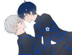 albino big_male_small_male black_hair blue_eyes blue_lock blushed_face blushing blushing_male brat cute_face cute_male isagi_yoichi light_skin male male/male male_focus nagi_seishiro smaller_male smiling unknown_artist white_hair yaoi