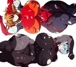 2girls ababachenchen alternate_version_available ass asuka_langley_sohryu big_ass blue_hair bodysuit breasts female female_only frown long_hair neon_genesis_evangelion nipples_visible_through_clothing no_background rei_ayanami short_hair smile suit voluptuous voluptuous_female