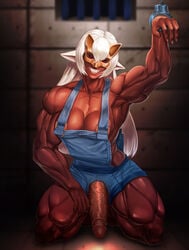 ambiguous_gender big_penis bighamma boiler_suit breasts brown_skin color dark_skin erection extreme_muscles fox_ears fox_mask front_view futanari half_nude intersex kneeling long_penis mask muscles muscular muscular_legs muscular_thighs penis red_eyes tied_up veiny_penis white_hair