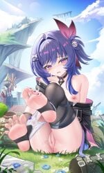 1girl absurdres asymmetrical_legwear bare_shoulders black_socks black_thighhighs blue_hair blush collarbone commentary_request eyelashes female female_only full_body genshin_impact grass highres jndfh outdoors panties panty_pull prune_(genshin_impact) purple_eyes pussy_juice pussy_juice_trail single_sock single_thighhigh sitting socks soles solo thighhighs thighs underwear white_panties