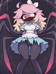 ai_generated dark_skin doll doll_girl long_hair nightmare_waifu red_eyes spider spider_girl spider_humanoid waifu waifu_night yellow_eyes yellow_hair