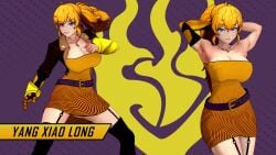 1girls 3d armpits arms_behind_head big_breasts blonde_female blonde_hair busty cleavage clothed_female dress ember_celica hands_behind_back indrick_(artist) large_breasts long_hair long_hair_female ponytail purple_eyes robotic_arm rwby seductive seductive_look seductive_smile sexy sexy_armpits sexy_pose smile voluptuous yang_xiao_long