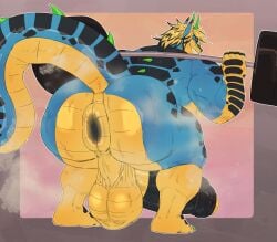 adam_the_wolf anthro anus balls big_balls big_butt big_penis black_hair blonde_hair blue_body bodily_fluids butt canid canine canis crouching dragon exercise foreskin genitals ghangaji grinding hair hi_res horn huge_balls huge_butt huge_penis hybrid hyper hyper_balls hyper_butt hyper_genitalia hyper_penis male mammal multicolored_body muscular muscular_anthro muscular_male musk mythological_creature mythological_scalie mythology penis puffy_anus saggy_balls scales scalie solo steam sweat sweatdrop sweaty_body sweaty_butt sweaty_legs sweaty_thighs weightlifting wolf workout