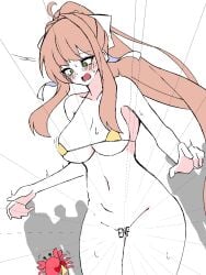 big_breasts bikini bikini_top blush brown_hair crab doki_doki_literature_club enf green_eyes hair_ornament looking_down mhmundead monika_(doki_doki_literature_club) naked naked_female no_panties shocked spiral_eyes string_bikini thick_thighs