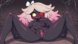 ai_generated dark_skin doll doll_girl long_hair nightmare_waifu red_eyes spider spider_girl spider_humanoid waifu waifu_night yellow_eyes yellow_hair