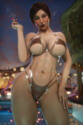 1girls 3d big_breasts breasts cigarette female female_only fs3d_art lara_croft nipple_piercing nipples nipples_visible_through_clothing pussy smoking solo swimsuit tomb_raider translucent_clothing