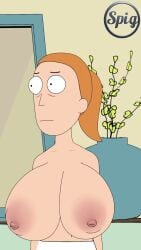 3d_animation alternate_breast_size animated big_nipples cartoony huge_areolae huge_breasts large_breasts orange_hair pants rick_and_morty summer_smith tagme thespig topless video white_body