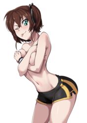 1girl 1girls 2010s 2019 absurdres bent_over blush breasts brown_hair covering covering_breasts dolphin_shorts female green_eyes hair_between_eyes hair_ribbon highres looking_at_viewer manga moderate_tomboy nico-mo nipple_peek one_eye_closed original ribbon shiny_skin short_hair short_shorts shorts side_ponytail side_slit simple_background smile solo solo_female tomboy tongue tongue_out topless two_tone_bottomwear two_tone_bottomwear_(blackandyellow) white_background wink wristband