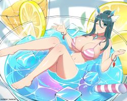 1girl 1girls atlus big big_breasts bikini bikini_top blue_eyes blue_hair bracelet bracelets breasts drink drinking_glass feet female female_only fire_emblem fire_emblem_heroes ice intelligent_systems kaos_art legs legs_up lemon looking_at_viewer necklace shin_megami_tensei solo solo_female striped_bikini thighs tokyo_mirage_sessions_#fe tsubasa_oribe