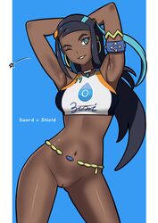 1girls abs armpits arms_up belly belly_chain blue_background blue_eyes blue_hair bottomless bracelet breasts dark-skinned_female dark_skin earrings female female_only gym_leader human jewelry navel nessa_(pokemon) nintendo pokemon pokemon_ss pregnant pussy saberrung shirt smile standing teeth text thigh_gap uncensored white_border wide_hips wink