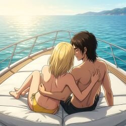 1boy1girl ai_assisted ai_generated alternate_version_at_source arm_around_shoulder arm_around_shoulders attack_on_titan bikini_bottom blonde_female blonde_hair blue_sky couple_(romantic) couple_love dark_brown_hair digital_art enjoying eren_jaeger fanon_couple from_behind hand_over_shoulder historia_reiss im_whoop inpainted island laying laying_back light-skinned_female mattress metal_railing ocean on_deck photoshop reflective_water sailing_watercraft sea shingeki_no_kyojin side-tie_panties smiling sunny swim_trunks swimwear topless topless_female unseen_female_face unseen_male_face yacht