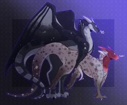 absurd_res anal anal_penetration anthro black_body black_scales claws commentary dogbytestudios doggystyle dragon duo ears_back ears_up eyes_closed facial_piercing from_behind_position genitals grey_body grey_scales held_up hi_res horn lip_piercing male male/male mythological_creature mythological_scalie mythology penetration penis piercing pivoted_ears quadruped red_body red_scales scales scalie sex snakebite_piercing unusual_anatomy unusual_genitalia unusual_penis white_body white_scales wings