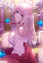 1girl bare_shoulders blue_butterfly blue_eyes blurry blurry_background blurry_foreground blush breasts bug butterfly cherry_blossoms cleavage closed_mouth collar day floral_print flower glowing_butterfly hair_between_eyes hakama hakama_skirt japanese_clothes lantern large_breasts leash long_hair looking_at_viewer miko navy_(navy.blue) off_shoulder original outdoors paper_lantern pink_flower pleated_skirt red_collar red_hakama red_skirt shirt sitting skirt solo wariza white_flower white_hair white_shirt
