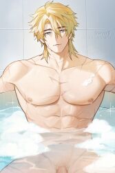1boy abs artist_name bara bathtub blonde_hair closed_mouth commentary cross_scar english_commentary genshin_impact highres kayuji_02 looking_at_viewer male male_focus male_only multiple_scars muscular muscular_male pectorals penis penis_peek scar scar_on_arm scar_on_cheek scar_on_chest scar_on_face scar_on_shoulder soap_bubbles solo solo_male varka_(genshin_impact) watermark