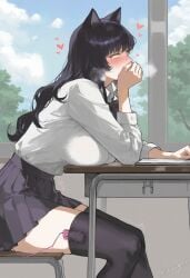 1girls ai_generated blake_belladonna classroom covering_mouth female_only kizirugai large_breasts rolling_eyes rwby school_uniform solo student tagme thick_thighs trembling vibrator_under_clothes wide_hips
