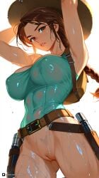 1girl ai_generated armpits arms_up artist_name belt bottomless braid braided_ponytail breasts brown_eyes brown_hair covered_navel covered_nipples cowboy_shot gun hat holster lara_croft large_breasts lips long_hair looking_at_viewer parted_lips patreon pussy questionable simple_background single_braid solo straw_hat tomb_raider uncensored weapon wet wet_clothes white_background