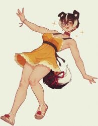 1girls animal_ears armpits arms belt_collar black_nails blush bracelet dog_ears dog_girl dog_tail dress droopy_ears dutch_angle earrings excited exposed_toes feet female female_only freckles full_body girly glasses happy heterochromia kemonomimi legs light-skinned_female light_skin lina_(varniskarnis) looking_at_viewer multicolored_hair nail_polish open_mouth open_smile original posing sandals short_hair smile solid_color_background solo spread_arms standing sundress sweatdrop tail tail_ribbon teeth toenail_polish toes varniskarnis yellow_dress