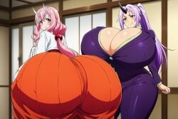 ai_generated ass_bigger_than_head ass_expansion big_ass big_breasts big_butt breast breast_envy breast_expansion breasts_bigger_than_head female female_only goldencum34 massive_ass massive_breasts massive_butt pink_hair pouting purple_hair purple_suit shion_(tensei_shitara_slime_datta_ken) shrine_maiden shuna_(tensei_shitara_slime_datta_ken) smug_smile tensei_shitara_slime_datta_ken that_time_i_got_reincarnated_as_a_slime thick_thighs two_women wide_hips