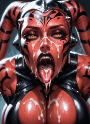 ai_generated alien_girl athletic_female bent_over big_breasts big_lips cleavage close-up close_up_view cum_in_mouth cum_on_breasts cum_on_face darth_talon dripping_cum drooling_cum high_quality looking_at_viewer moonchild41 open_mouth orange_eyes pov red-skinned_female red_skin sith star_wars tattoos tentacle_hair thick_thighs tongue_out twi'lek