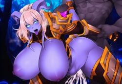 1girl ahe_gao ai_generated areolae armor arms_behind_back ass bent_over big_breasts blue_eyes blue_skin blush breasts breasts_bigger_than_head clothed cum cum_in_pussy cum_inside doggy_style draenei excessive_cum female female_focus female_thick_thighs glowing_eyes horns nipples open_mouth penetration rolling_eyes sex sex_from_behind stomach_bulge tail thick_thighs thighs white_hair world_of_warcraft yrel