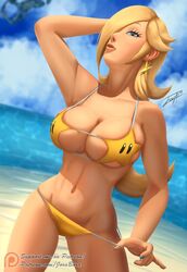 2019 beach bikini blonde_hair blue_eyes cleavage cyan_nails earrings fingernails hair_over_one_eye hand_on_head jorabora light-skinned_female light_skin long_hair looking_at_viewer luma_bikini mario_(series) nail_polish navel nintendo open_mouth posing princess_rosalina pulling_panties raised_arm super_mario_galaxy teasing tight_clothing