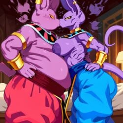 1boy 1girls ai_generated anthro beerus big_belly big_breasts breasts cat_ears cat_tail champa chubby_male dragon_ball dragon_ball_super fat_male feline hug incest kiss kissing nipples purple_body trevv