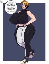 agnes_(cowharu1) athletic_female caucasian_female clothing dirty_talk dyed_hair emo erect_nipples fangs female female_only femdom glasses gym_clothes huge_breasts imminent_sex mommy mommy_kink multicolored_hair pixie_cut sharp_teeth short_hair sir_wankies talking_to_viewer thick_legs thick_thighs tomboy white_skin