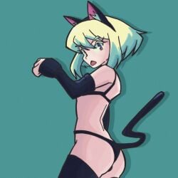 1femboy androgynous ass ass_focus black_legwear black_panties black_thighhighs blonde_hair bob_cut bra cat_ears cat_tail catboy crossdressing fake_animal_ears fake_tail femboy femboy_only feminine_faced_male feminine_male lio_fotia looking_at_viewer panties petite petite_body petite_male promare short_hair short_male slim slim_male slim_waist solo stockings thighhighs thin_waist twink
