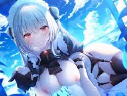 1girl bikini black_bow black_gloves black_panties black_thighhighs blue_flower blue_theme bow breasts cloud cumulonimbus_cloud curled_horns flower garter_belt gem glint gloves half_gloves highres horn_bow horn_ornament horns lace-trimmed_panties lace_trim large_breasts lingerie looking_at_viewer maid maid_bikini maid_headdress navy_(navy.blue) nipples no_bra original outdoors outstretched_hand panties petals plant red_eyes red_gem shirt sky smile solo swimsuit thick_thighs thighhighs thighs thong thong_panties unconventional_maid underwear white_shirt