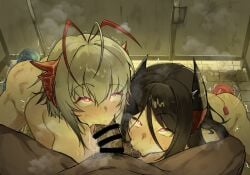 1boy 2girls antenna_hair ass bar_censor black_hair black_horns blush breasts censored completely_nude controller cooperative_fellatio dark-skinned_male dark_skin demon_horns fellatio ffm_threesome gensou_destroy grey_hair group_sex heart heart-shaped_pupils hetero highres horns interracial large_breasts long_hair male_pubic_hair multicolored_horns multiple_girls nose_blush nude object_insertion oral orange_eyes pee peeing penis pubic_hair public_restroom red_horns remote_control remote_control_vibrator rolling_eyes saliva saliva_on_penis saliva_trail sex_toy short_hair steam steaming_body sweat symbol-shaped_pupils teamwork_(sexual) testicle_sucking threesome toilet_stall tongue tongue_out trembling two-tone_horns vibrator vibrator_cord