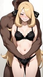 1boy 1girls ai_generated blonde_female blonde_hair bodily_fluids clothed clothed_female clothed_female_nude_male clothing creatures_(company) cynthia_(pokemon) dark-skinned_male dark_skin female game_freak hair_ornament hand_in_panties huge_cock implied_cuckolding interracial light-skinned_female light_skin looking_at_viewer male male/female nintendo nude_male panties pokemon pokemon_bdsp pokemon_dppt pussy_juice self_upload sex shirona_(pokemon) straight