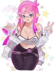 1girl ahoge annaki_logo bangs belt blue_eyes camisole cleavage cute_face ereas_kaanta fingerless_gloves flask glasses inkling_girl jacket_off_shoulders jacket_open large_breasts legwear long_hair midriff pink_hair splatoon splatoon_(series) splatoon_3 splatoon_oc