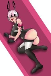 accessories accessory alternate_costume big_ass big_breasts bodysuit bunny_ears cyber_neko_edj_(tdx) edj_(tdx) grey_hair hair_covering_eye headgear headphones laying_down roblox roblox_game robloxian self_upload thick_thighs thigh_highs thighhighs tounge_out tower_defense_x