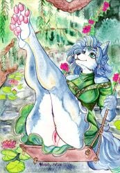 2026 amber_wind anthro blue_body blue_fur blue_hair butt clothed clothing detailed_background dress female fur genitals green_clothing green_dress hair hair_acessory hi_res krystal_(star_fox) legs_up nintendo painting_(artwork) pawpads pink_pawpads pink_vulva raised_clothing raised_dress signature solo star_fox traditional_media_(artwork) traditional_painting_(artwork) traditional_watercolor_(artwork) vulva watercolor_(artwork) white_body white_fur