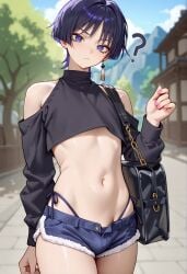1boy ? ai_generated bulge bulge_in_shorts bulge_under_clothes crossdressing crossdressing_male exposed_midriff exposed_shoulders exposed_stomach femboy feminine_clothing feminine_faced_male feminine_male genshin_impact girly_boy hoyoverse light-skinned_femboy light-skinned_male male male_only midriff_baring_shirt mihoyo otokonoko painted_nails panty_straps revealing_clothes revealing_outfit scaramouche_(genshin_impact) short_hair shorts solo string_panties tomgirl toned_femboy toned_stomach underwear_strap