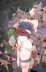 3girls ahoge animal_ears bare_shoulders bell black_thighhighs bottomless bound bow braid cat_ears cat_girl cat_tail chinese_knot closed_eyes collar commentary_request commission covered_nipples dark-skinned_female dark_skin defeat detached_sleeves fang fingering fox_ears fox_girl fox_tail groin groping hair_ornament hair_over_one_eye head_back heart highres japanese_clothes jingle_bell kimono kitsune magic multiple_girls multiple_tails musical_note navel neck_bell nipple_stimulation nipple_tweak obi partially_undressed rape red_bow red_collar red_sash restrained sash sekka_(shadowverse) shadowverse shama_(shadowverse) shamu_(shadowverse) shingeki_no_bahamut single_thighhigh skeb_commission staff tail tail_wrap thighhighs trembling ttptt uncommon_stimulation white_kimono yuri