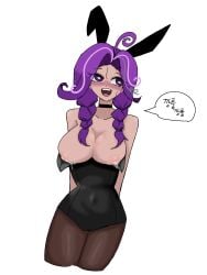 alternate_version_at_source alternate_version_available big_breasts bunny_ears bunnysuit character_request cookie_run cookie_run_crumble dialogue grapevine hands_behind_back leaking_milk simple_background tagme text translation_request