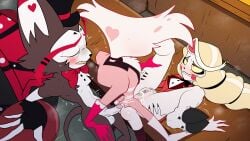 1girls 2026 2boys1girl angel_dust_(hazbin_hotel) arachnid bisexual blush bodily_fluids charlie_morningstar_(hazbin_hotel) cheating_girlfriend cum cum_in_pussy cum_inside gay hazbin_hotel hellaverse hooves husk_(hazbin_hotel) missionary_position missionary_sex oedipism on_table penis_rubbing_ass sex spider spread_legs straight sweat threesome vaginal_penetration vaginal_sex