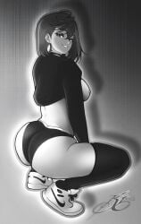 1girls ass ass_focus ayase_momo big_ass breasts breasts_out choking clothing dandadan earrings female female_focus female_only from_behind huge_ass long_sleeves looking_at_viewer looking_back monochrome nike panties shirt short_hair smile solo solo_female solo_focus squatting stockings thick thick_ass thick_thighs