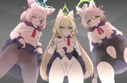 3girls :d ^_^ ahoge animal_ear_fluff animal_ears aroused ass_visible_through_thighs bike_shorts black_pantyhose black_sailor_collar black_shorts black_skirt blonde_hair blue_archive blue_halo blunt_bangs blush braid braided_ponytail breasts brown_hair c: cameltoe cleft_of_venus closed_eyes closed_mouth clothes_lift commentary_request cowboy_shot double-parted_bangs embarrassed facing_viewer fox_ears fox_girl from_below frown furrowed_brow green_eyes green_halo grin hair_between_eyes half_updo halo heart indoors kurumi_(blue_archive) lifting_own_clothes long_hair long_sleeves low_ponytail medium_hair miniskirt multiple_girls naughty_face navel neckerchief niko_(blue_archive) nipples no_bra no_panties otogi_(blue_archive) outline panties panties_under_pantyhose pantyhose partial_commentary pink_hair pink_outline pleated_skirt ponytail pov presenting_own_body presenting_own_pussy pussy pussy_juice red_neckerchief ririfu sailor_collar sailor_shirt school_uniform serafuku shirt shirt_lift shorts shorts_under_skirt sidelocks skirt skirt_lift small_breasts smile split_mouth stomach straight_hair sweat swept_bangs thighs torn_clothes torn_shorts triangle_halo two_side_up uncensored underwear v-shaped_eyebrows very_long_hair white_panties white_shirt