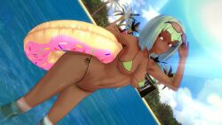 1girls bikini bikini_bottom bikini_top emerald_sustrai green_hair green_hair_female half-dressed half_naked half_naked_female logang45 pool red_eyes rwby solo_female