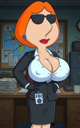 ai_generated blouse dress erect_nipples_under_clothes family_guy huge_breasts lois_griffin milf no_bra office_lady police policewoman red_hair sunglasses