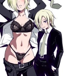 1girls :) arms_up ass_visible_through_thighs belt black_bra black_jacket black_panties black_pants black_suit black_thong black_thong_panties black_underwear blonde_hair bow_panties bow_thong box_wonderland bra breasts breasts_apart closed_mouth clothed clothing collarbone ear_piercing ears eyebrows_visible_through_hair eyes_out_of_frame female female_focus female_only front_view grey_necktie groin hair_over_one_eye hands_in_pockets hands_on_head lace-trimmed_bra lace-trimmed_panties lace_bra lace_panties long_sleeves looking_aside looking_at_viewer love_live! love_live!_nijigasaki_high_school_idol_club medium_breasts mia_taylor multiple_views navel necktie open_belt open_clothes open_jacket open_shirt open_suit panties pants pants_down purple_eyes shadow shirt short_hair simple_background smile solo solo_female standing straight_hair string_panties suit suit_jacket teeth thighs thong thong_panties tomboy underwear very_high_resolution white_background white_shirt zoom_layer