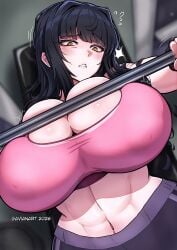 black_hair cleavage exercise exercise_clothing exercise_equipment gavianart huge_breasts large_breasts lifting_weights massive_breasts muscular_female original_character squished_breasts surprised tagme toned_female yellow_eyes